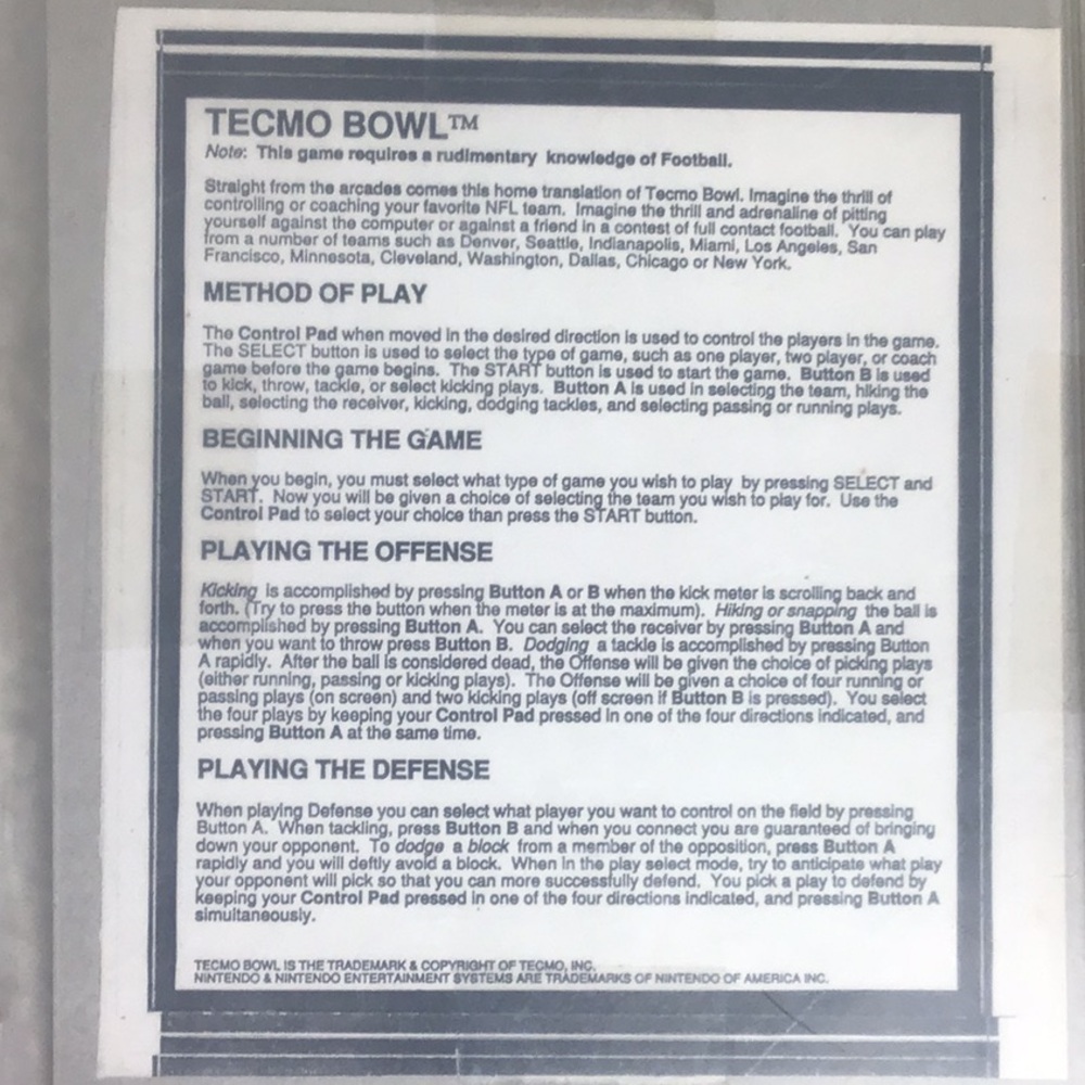 Vintage Tecmo Bowl Nintendo NES Video Game, 1989 - Picture 4 of 10